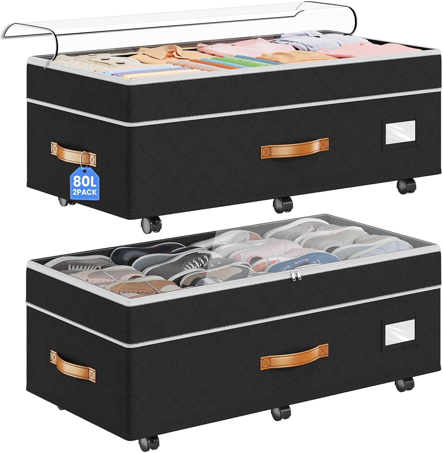 Budding Joy Under Bed Storage with Wheels 2-Pack, 80L Height-Adjustable Underbed Containers with Clear Lids