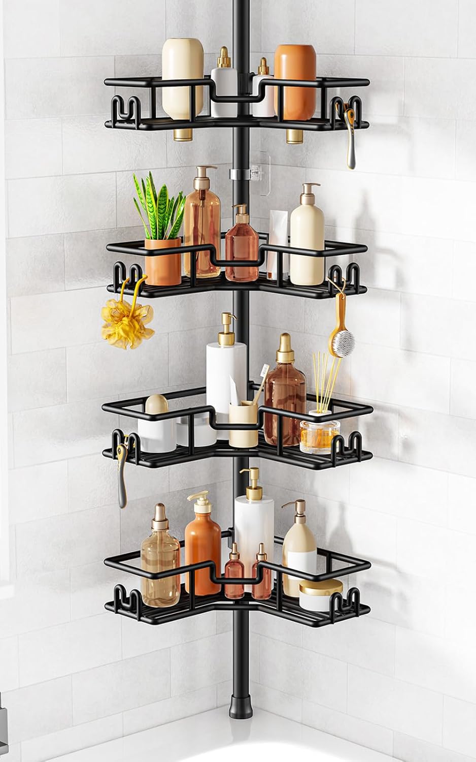 HAMITOR Shower Caddy Tension Pole (4-Tier Black L-Shaped)